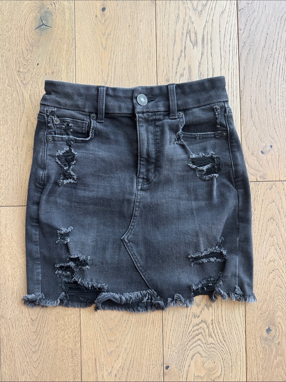 American Eagle Distressed Black Denim Mini Skirt
